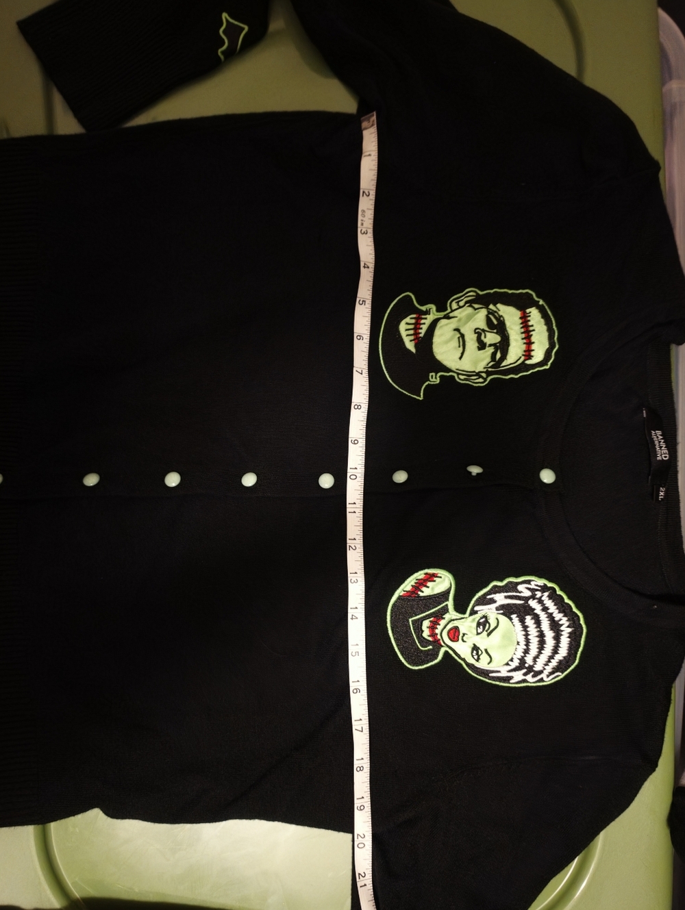 Black Vintage-Inspired Cardigan with Green Embroidered Halloween Motifs - Picture 3 of 4